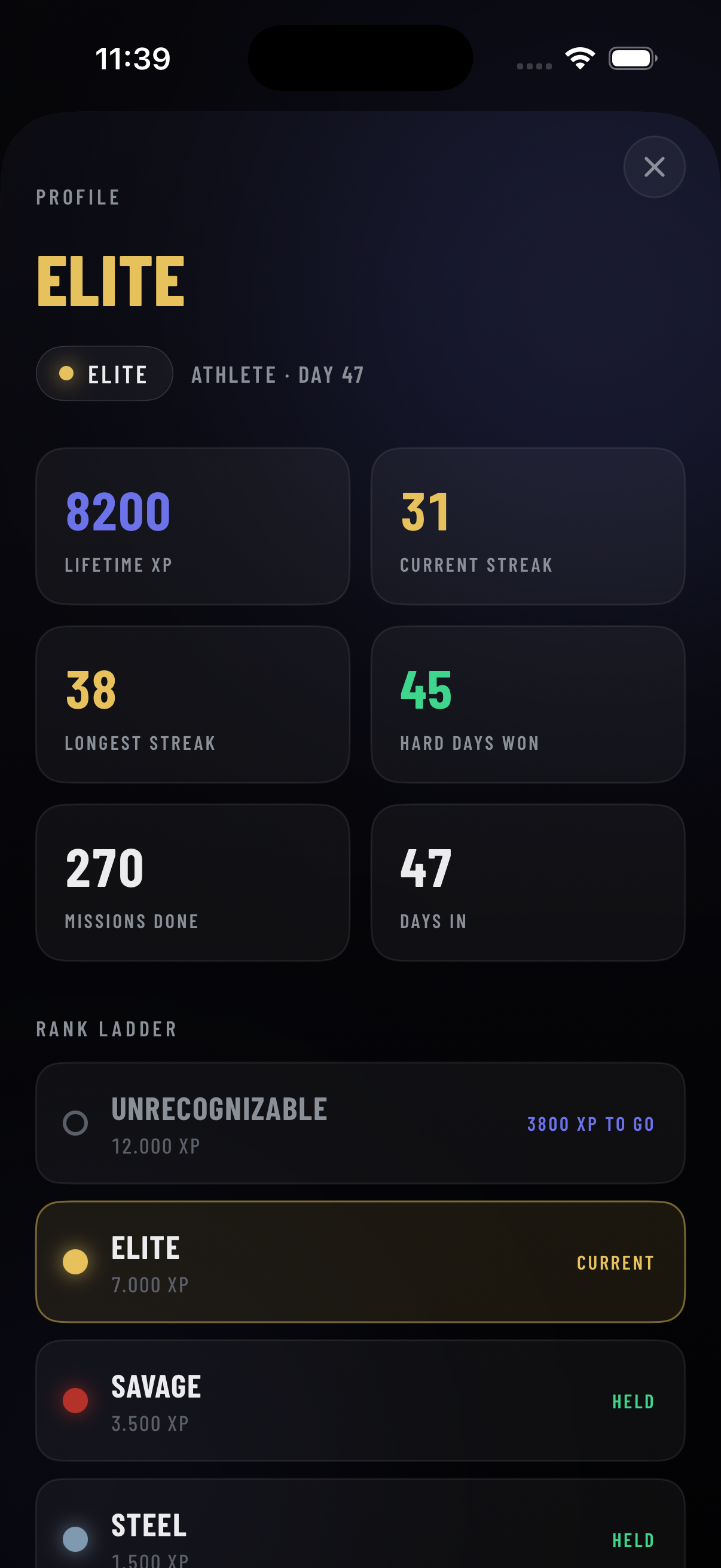 HardMode profile screen showing rank progress and Him.