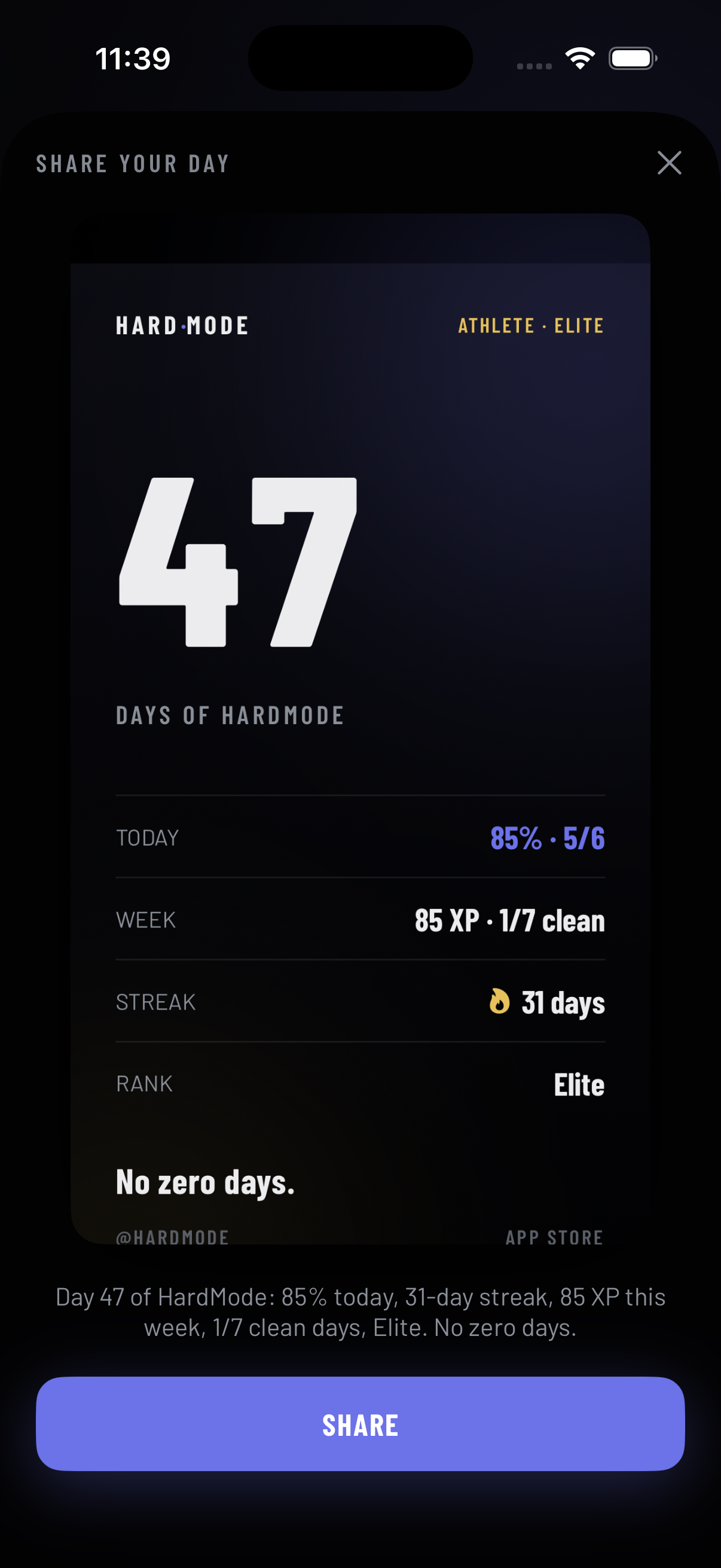 HardMode share card preview for posting progress.