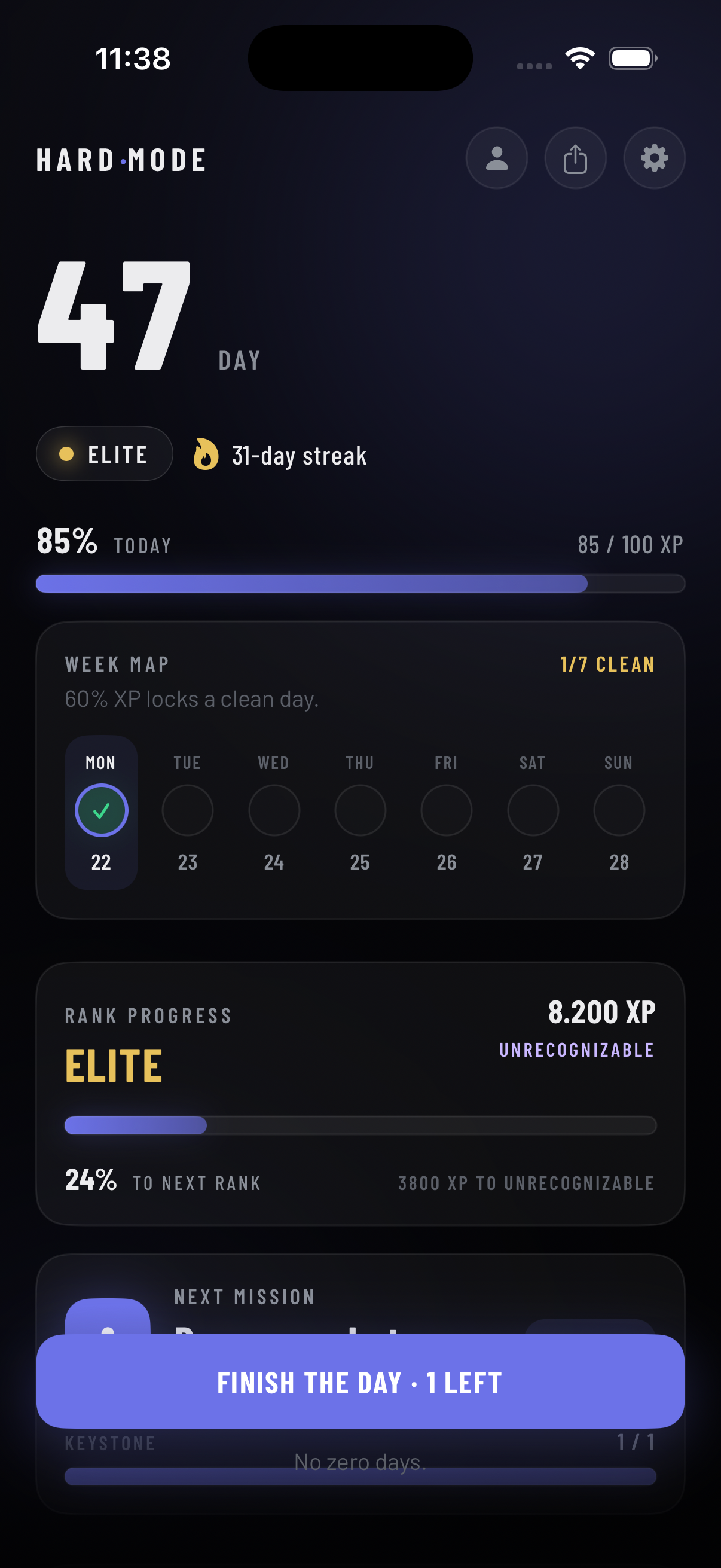 HardMode Today screen showing daily missions and progress.
